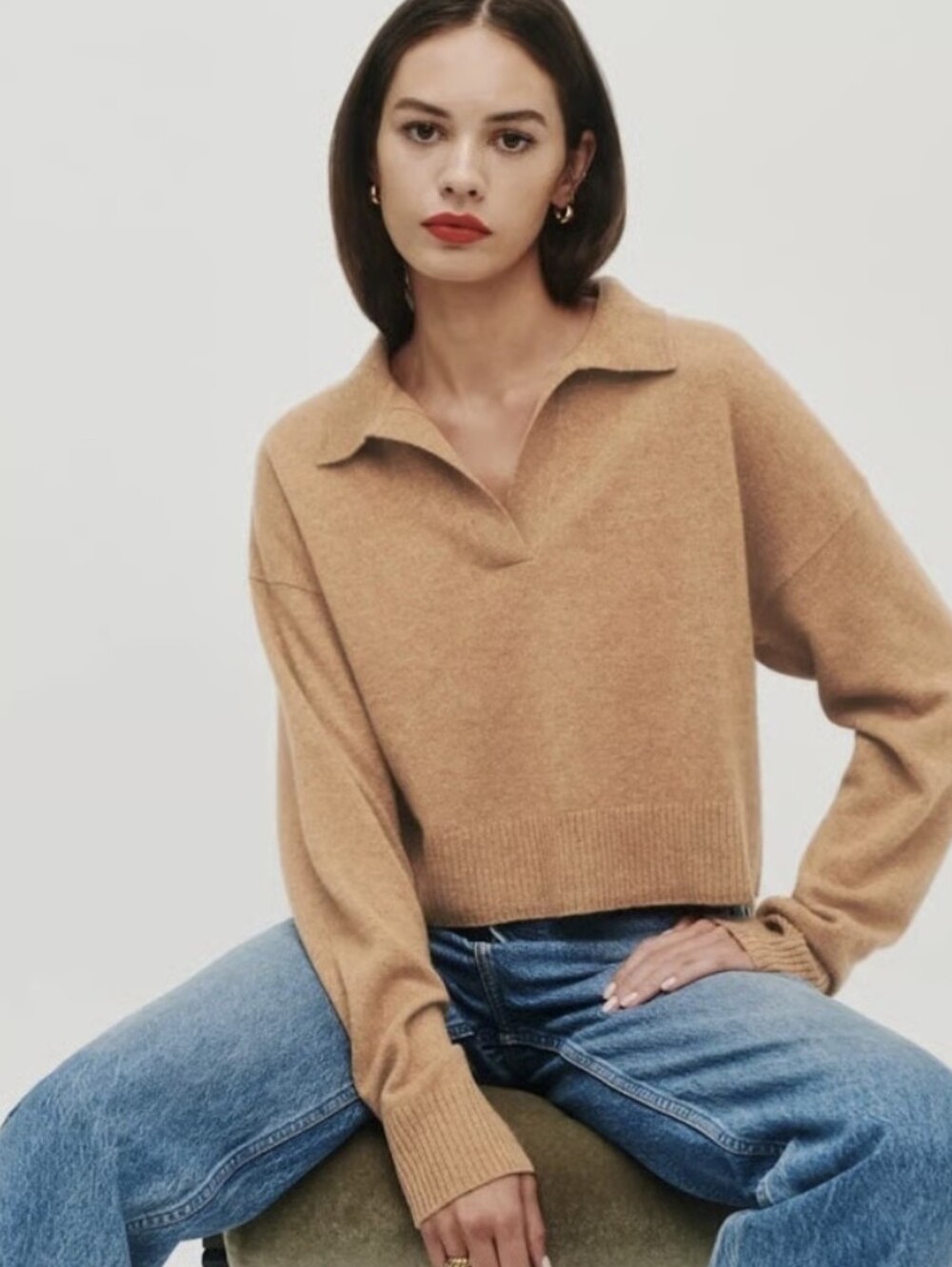 Reformation Sweater Polo‎ Camel Brown V-Neck Cropped